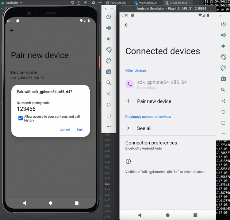 △ 使用模拟蓝牙配对两台 Android 模拟器