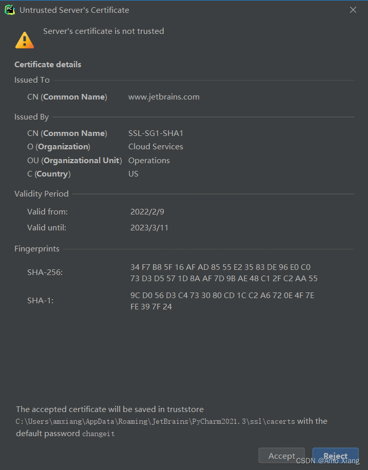 Pycharm、IDEA、WebStorm 工具使用过程中出现 Server‘s certificate is not trusted 提示框的问题