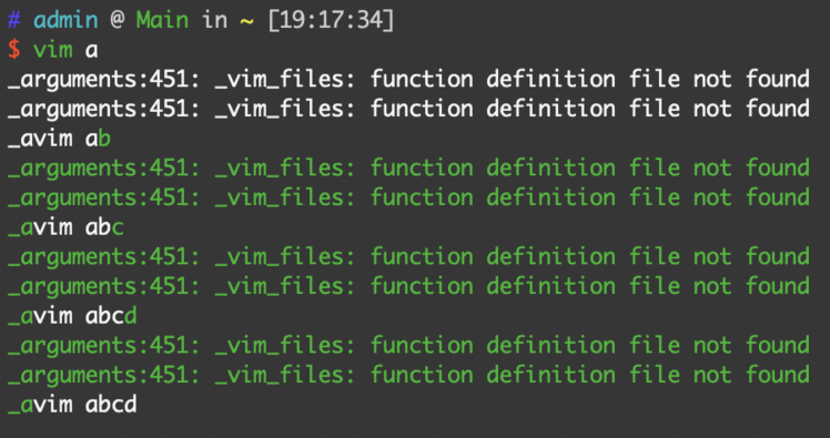 安装zsh后使用vim输出_arguments:451: _vim_files: function definition file not found