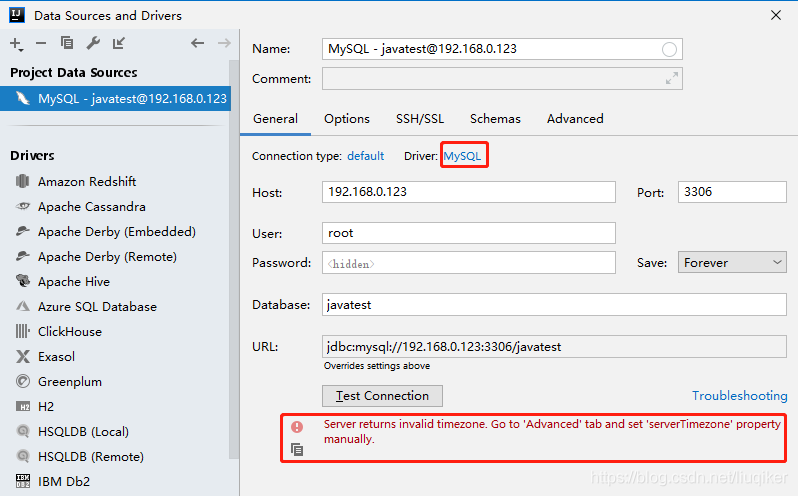 连接MySql中出现Server returns invalid timezone. Go to ‘Advanced‘ tab and set ‘serverTimezon 时区错误