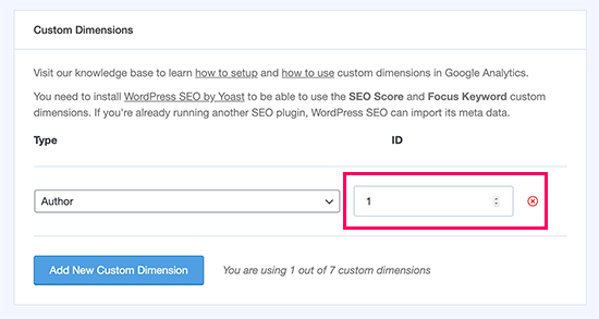 Edit author custom dimension ID in MonsterInsights