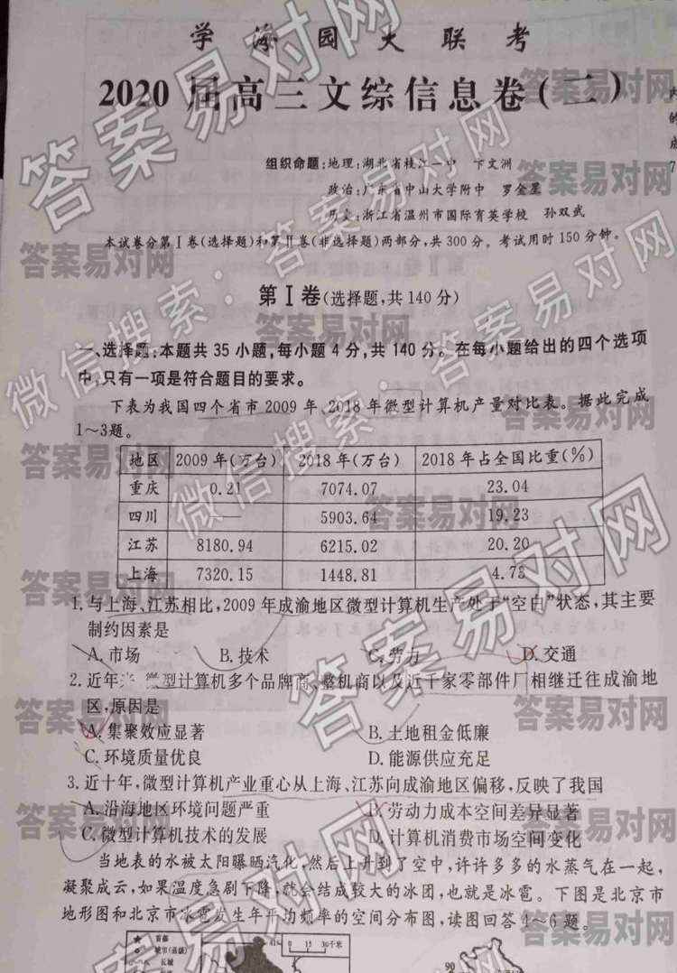 2009成渝微型计算机处于空白,学海园大联考 2020届高三信息卷（二）文综答案